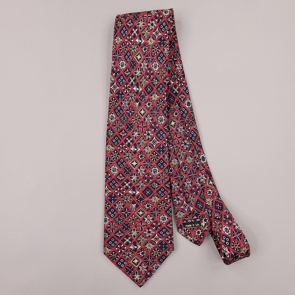 Brioni Tie Mens Red Navy Gold‎ Geometric Tile Silk Made in Italy Luxury Necktie